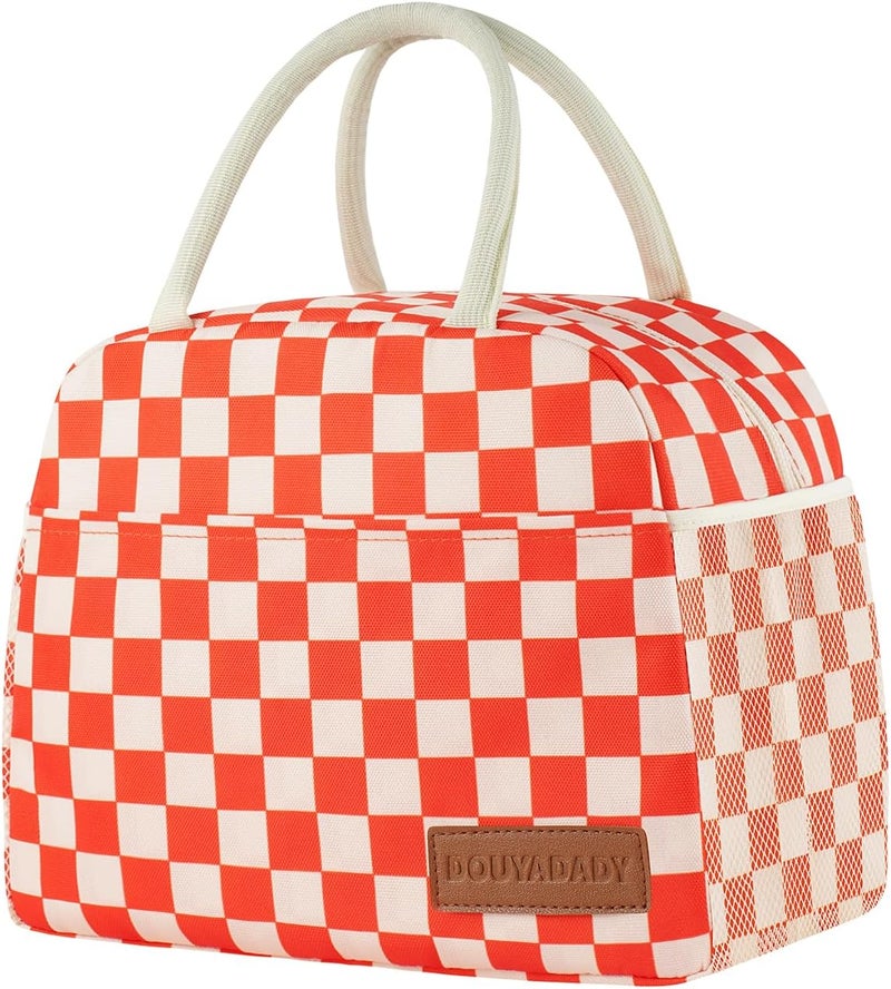 douyadady Lunch Bag Women/Men Lunch Box Women/Men (Red+Beige Checkerboard) - Image 1